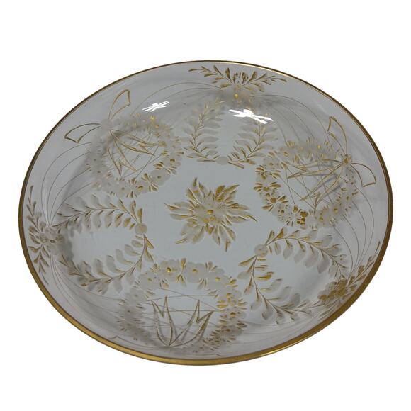 Vintage Etched Glass Platter Gold Wreaths and Bows 8.25" diameter 1.5" tall - Picture 1 of 8